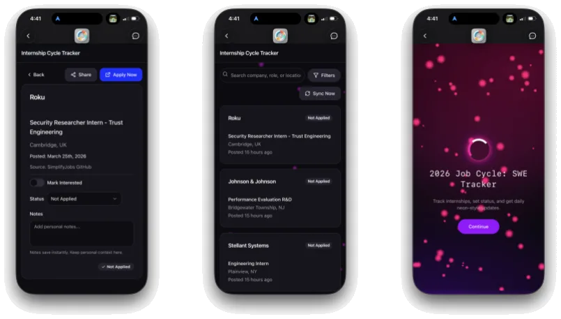 Internship Cycle Tracker interface